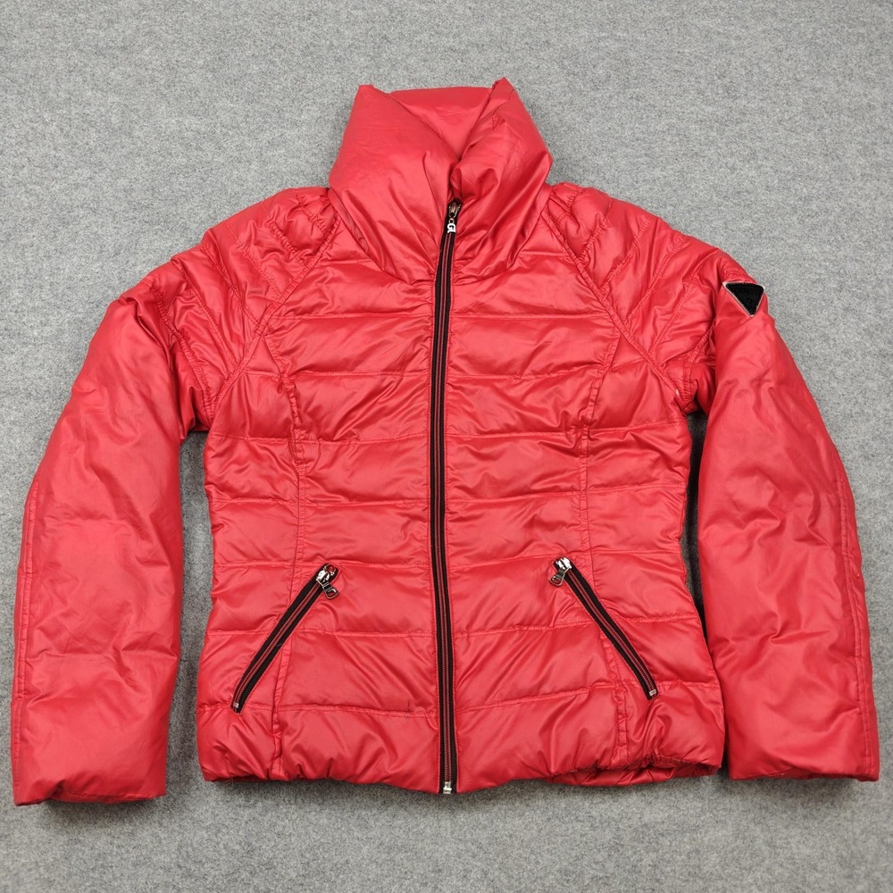 Guess Jacket Womens Medium Red Down Puffer Quilted Full Zip Pockets Short